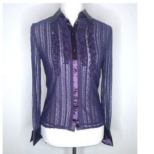 Vintage Adolfo Purple Lace Ruffle Blouse Satin Trim Sheer Victorian Top Small